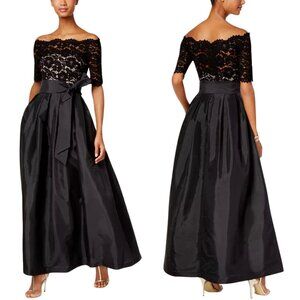Vince Camuto Off the Shoulder Lace Taffeta Maxi Gown Women's 6 Black Formal Chic